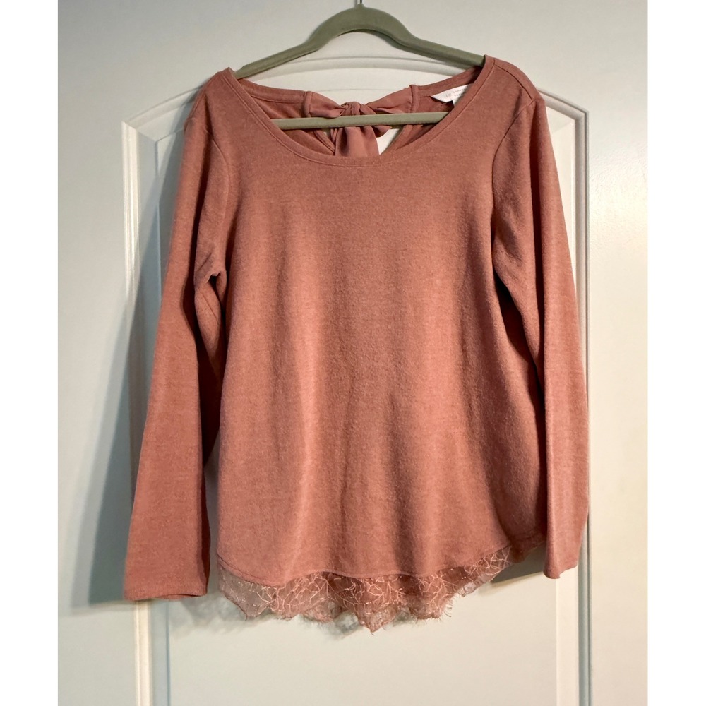 LC Lauren Conrad Top Large Pink Lace Trim Bow Back Long Sleeve Croquette Chic